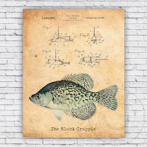 Black Crappie Fishing Lure Hook Patent Blueprint Wall Art Print Decor - Size Options