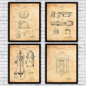 Firefighter Helmet, Truck, Hydrant, Alarm Box Vintage Patents Four Pack - Wall Art Prints Decor - Size and Frame Options
