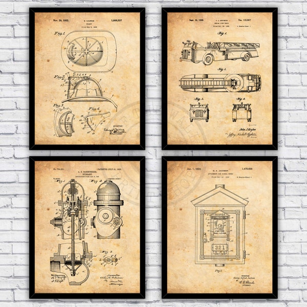 Firefighter Helmet, Truck, Hydrant, Alarm Box Vintage Patents Four Pack - Wall Art Prints Decor - Size and Frame Options