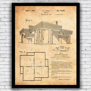Patent Depicting Frank Lloyd Wright Dwelling House Architecture Blueprint - Wall Art Print Decor - Size and Frame Options