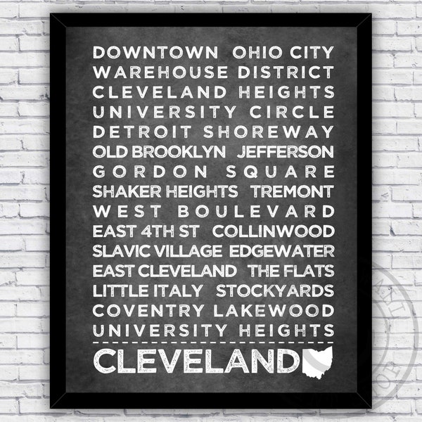 Cleveland Ohio City Neighborhood Area Nicknames Typographic Design - Wall Art Print Decor - Size and Frame Options