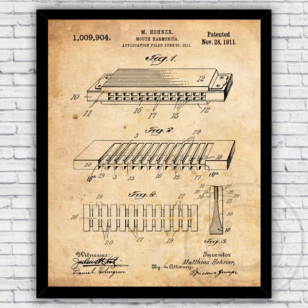 Harmonica Musical Patent Blueprint - Wall Art Print Decor - Size and Frame Options