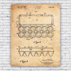 May include: A black and white line drawing of a patent for an egg carton. The patent is titled 