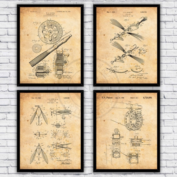 Fly Fishing Gear Rod Reel Lures Vintage Patents Four Pack Wall Art Prints  Decor Size and Frame Options -  Canada