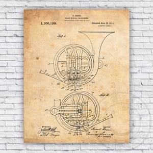French Horn Brass Musical Patent Instrument Blueprint - Wall Art Print Decor - Size Options
