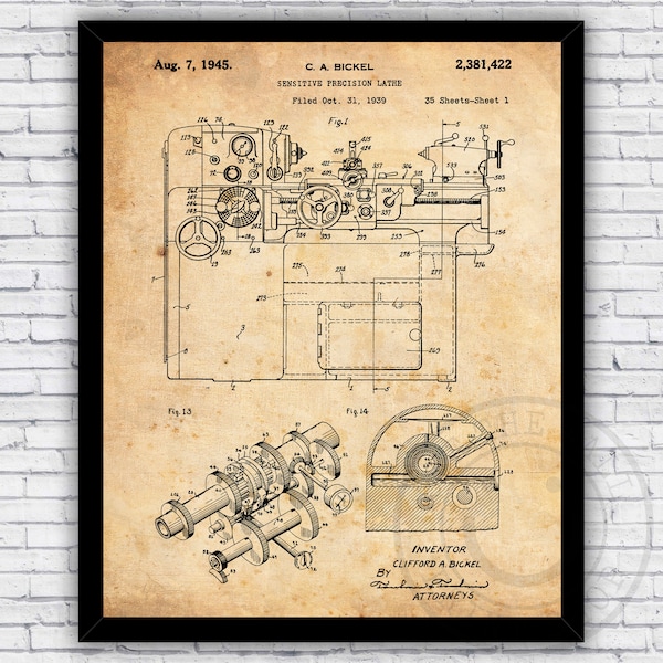 Metal Lathe Patent Blueprint - Wall Art Print Decor - Size and Frame Options