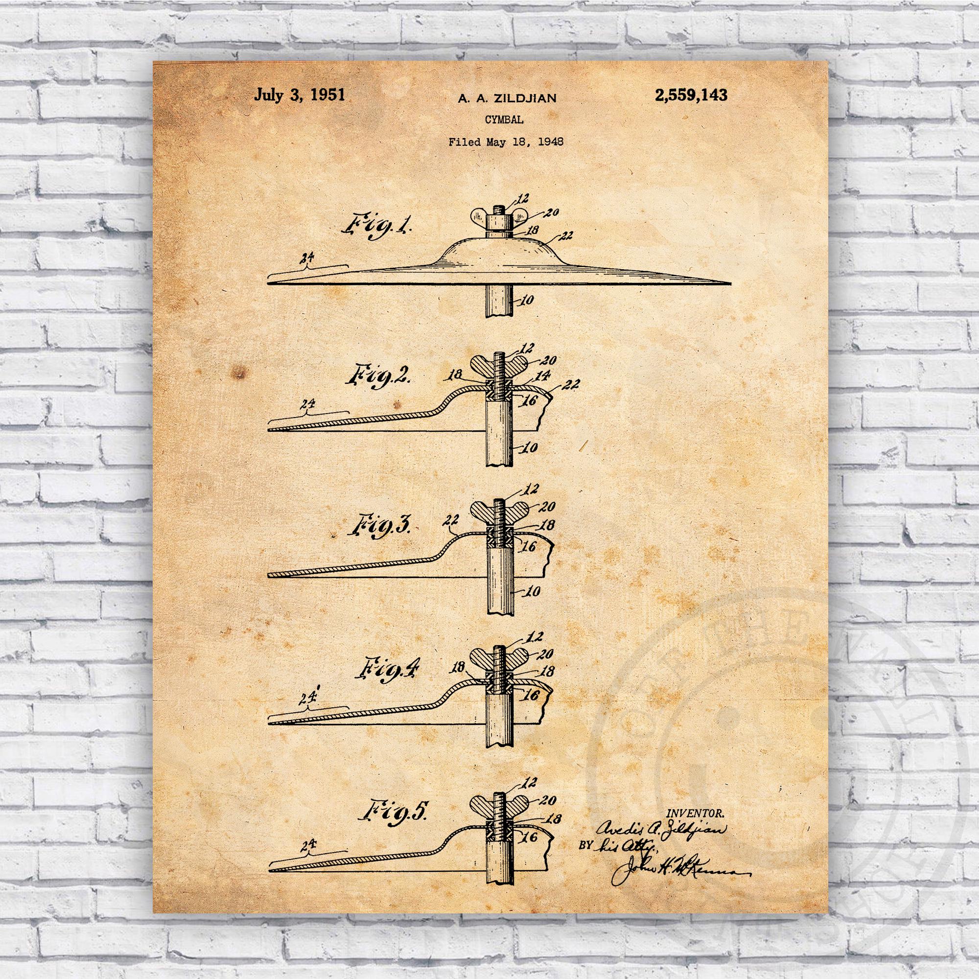 Cymbal Percussion Patent Blueprint - Drummer Wall Art Print Decor - Size Options