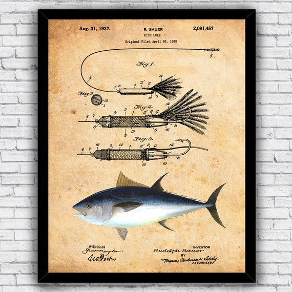 Bluefin Tuna Fishing Lure Hook Patent Blueprint Wall Art Print