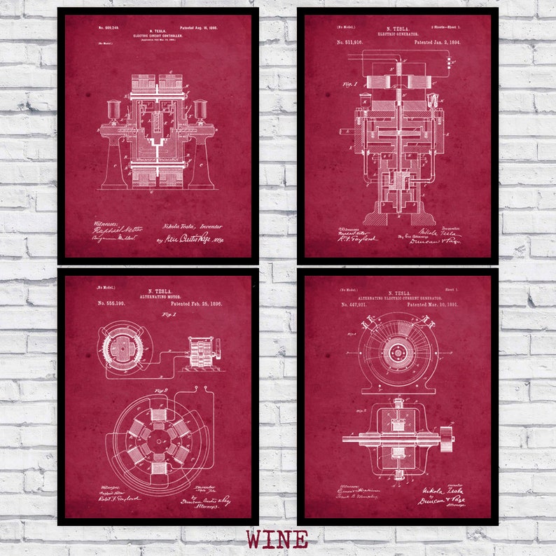 nikola tesla patent blueprint four pack art