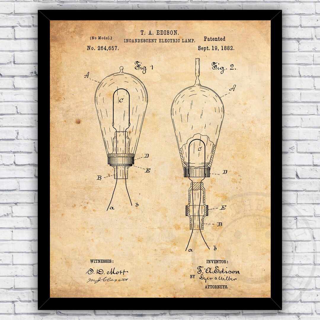 Edison Incandescent Light Bulb Patent Wall Art Print Decor Size and
