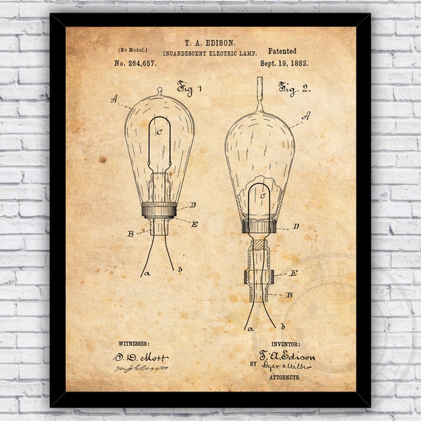 Edison Incandescent Light Bulb Patent Wall Art Print Decor - Size and Frame Options