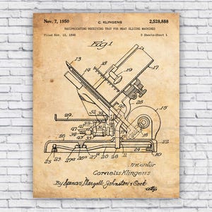 May include: A vintage patent drawing for a reciprocating receiving tray for meat slicing machines. The drawing shows a detailed diagram of the tray with numbered parts and the text "Fig. 1" in the top center. The patent number 2,528,888 is in the top right corner. The patent was filed on November 13, 1946 and issued on November 7, 1950. The inventor is listed as Cornelius Klingens.