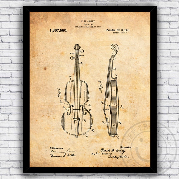 Violin Musical String Instrument 1920s Patent Blueprint - Wall Art Print Decor - Size and Frame Options