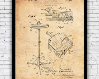 Hi-Hat Cymbal Percussion Music Instrument Patent Blueprint - Drummer Wall Art Print Decor - Size and Frame Options