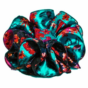 Turquise Floral Jaw Clip Bow 7-Inch Ruffle Print Satin Chiffon Fabric Material