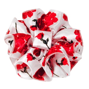 White Roses 7&quot; Ruffle Print Satin Chiffon Fabric Claw Jaw Clip Material Bow
