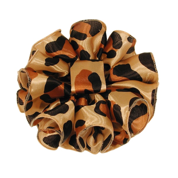 Black, Brown and Tan Leopard Spots 7" Ruffle Print Satin Chiffon Fabric Claw Jaw Clip Material Bow