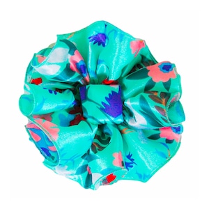Aqua Floral Jaw Clip Bow 6-1/2 Inch Ruffle Print Satin Chiffon Fabric Material