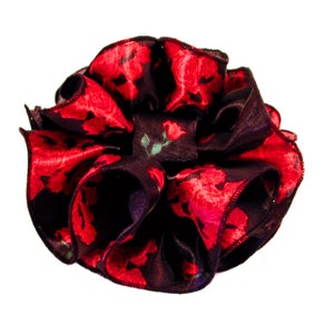 Black Roses 7&quot; Ruffle Print Satin Chiffon Fabric Claw Jaw Clip Material Bow