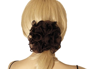 Lazo de tela transparente con pinza para la mandíbula y volantes de gasa marrón oscuro en 2 tamaños