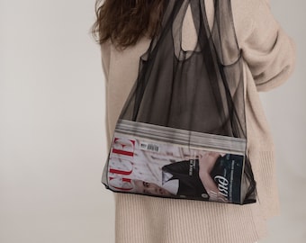 Black shopper bag. Transparent bag. Net bag. Convenient package. Mash bag. Tulle bag. Tote Bag. Organza bag. Ecofriendly transparent bag.