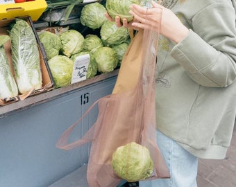 Brown shopper bag. Tulle bag. Transparent bag. Shopping bag. Net bag. Convenient package. Useful bag. Mash bag. Tote Bag. Organza bag.