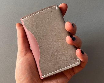Pocket card holder. Handmade from leather. Grey colour.