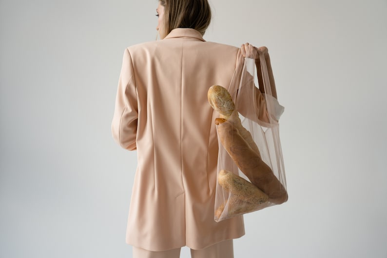 Shopper bag in light beige colour. Tulle bag. Transparent bag. Shopping bag. Net bag. Convenient package. Useful bag. Mash bag. Organza bag. image 2