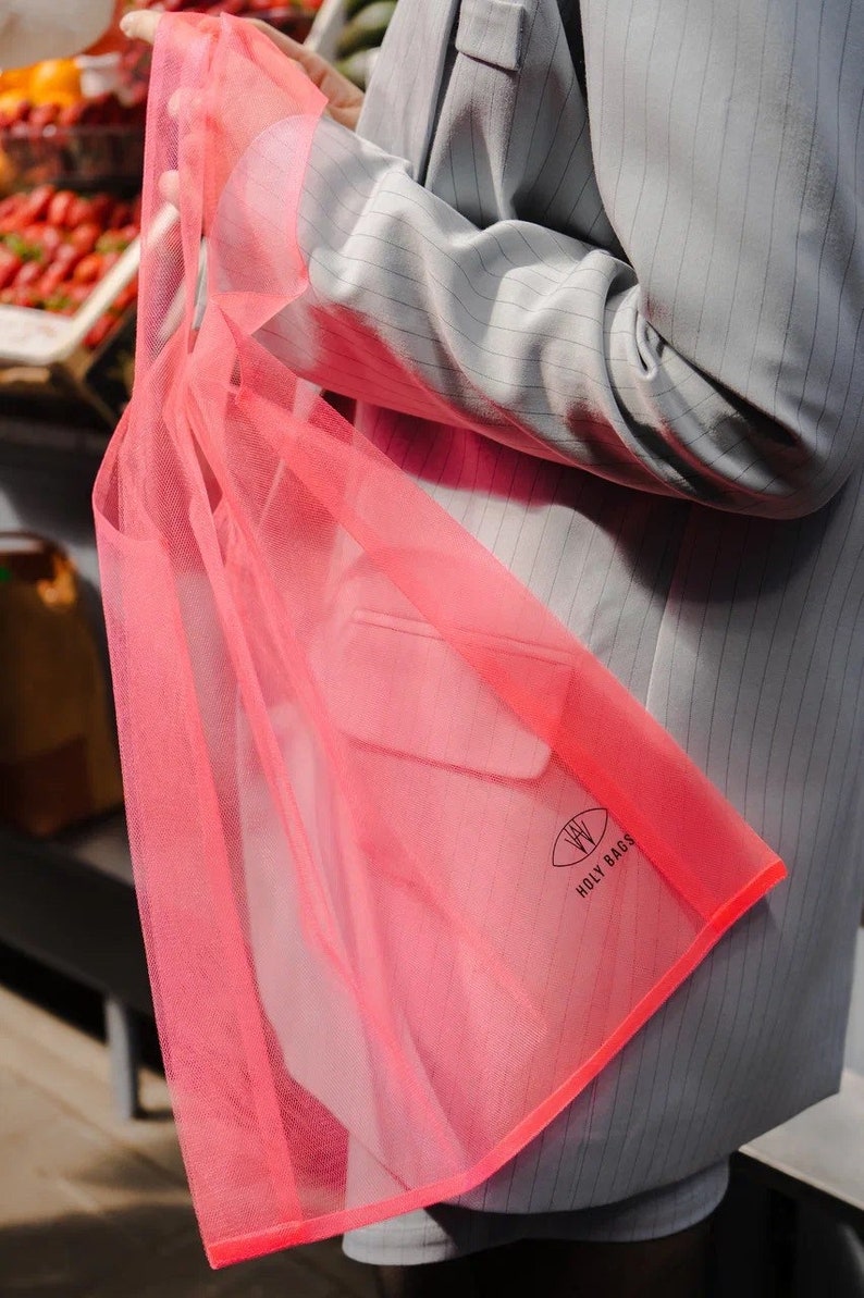 Neon shopping bag. Tulle bag. Reusable bags for buying fruits and vegetables. Products for a zero waste life. Ecofriendly transparent bag image 9
