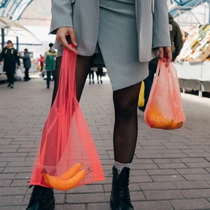 Neon shopping bag. Tulle bag. Reusable bags for buying fruits and vegetables. Products for a zero waste life. Ecofriendly transparent bag image 6