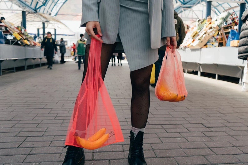 Neon shopping bag. Tulle bag. Reusable bags for buying fruits and vegetables. Products for a zero waste life. Ecofriendly transparent bag image 6