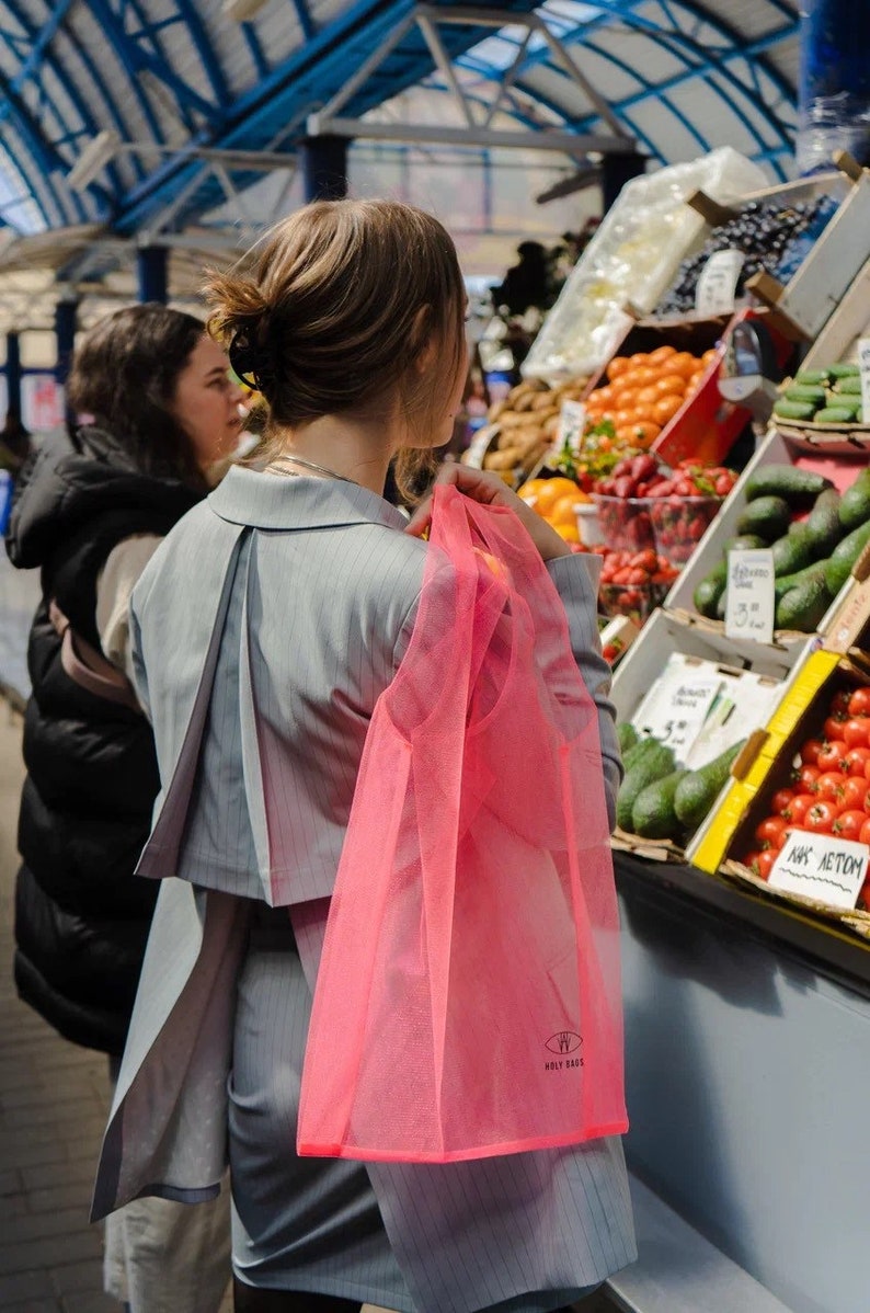 Neon shopping bag. Tulle bag. Reusable bags for buying fruits and vegetables. Products for a zero waste life. Ecofriendly transparent bag image 2