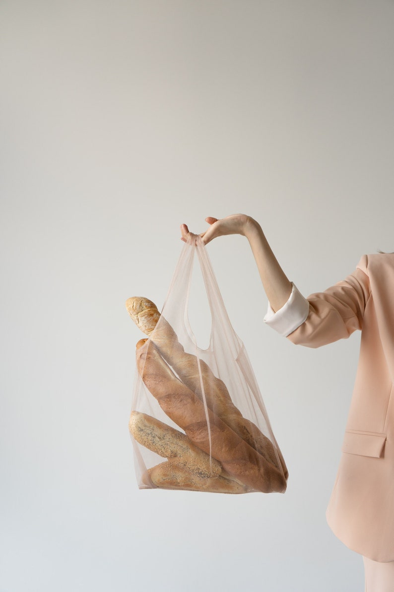 Shopper bag in light beige colour. Tulle bag. Transparent bag. Shopping bag. Net bag. Convenient package. Useful bag. Mash bag. Organza bag. image 1