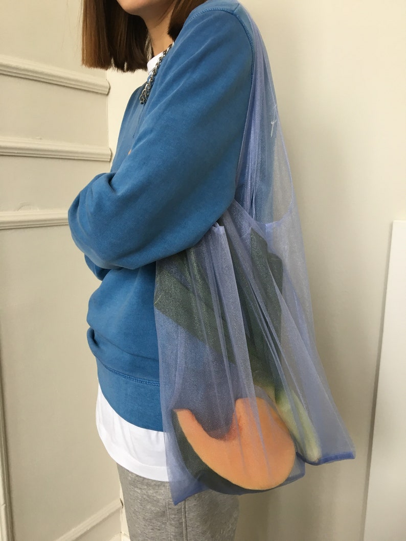 Light blue shopper bag. Tulle bag. Shopping bag. Net bag. Convenient package. Useful bag. Mash bag. Tote Bag. Organza bag. zdjęcie 2