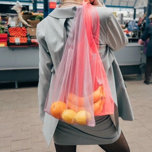 Neon shopping bag. Tulle bag. Reusable bags for buying fruits and vegetables. Products for a zero waste life. Ecofriendly transparent bag image 8