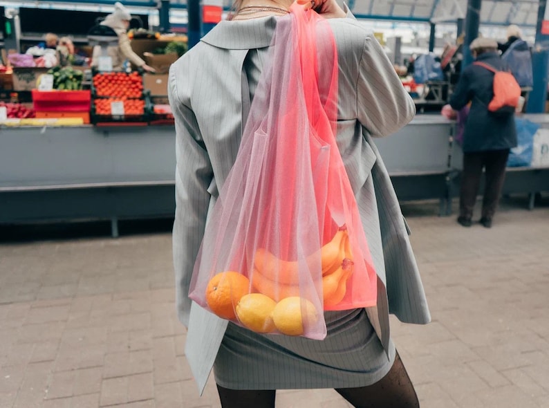 Neon shopping bag. Tulle bag. Reusable bags for buying fruits and vegetables. Products for a zero waste life. Ecofriendly transparent bag image 8