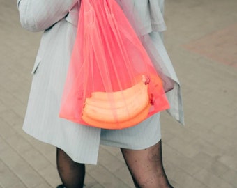 Neon shopping bag. Tulle bag. Reusable bags for buying fruits and vegetables. Products for a zero waste life. Ecofriendly transparent bag