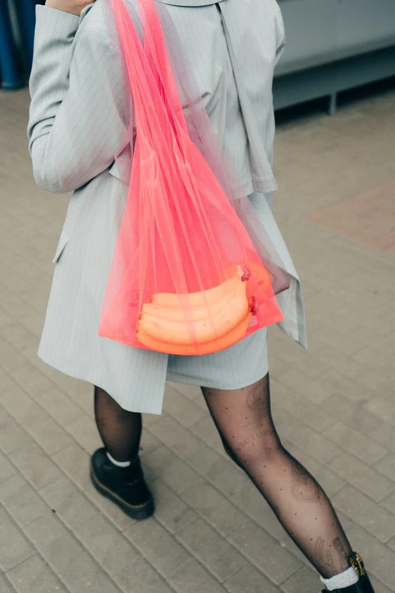 Neon shopping bag. Tulle bag. Reusable bags for buying fruits and vegetables. Products for a zero waste life. Ecofriendly transparent bag image 1