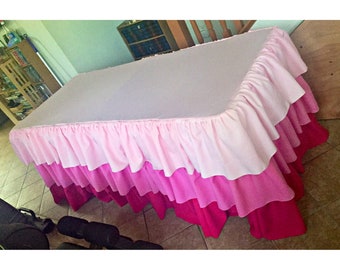 3 layer ruffled table skirt|Pink Ombre|Candy Table|Ruffles