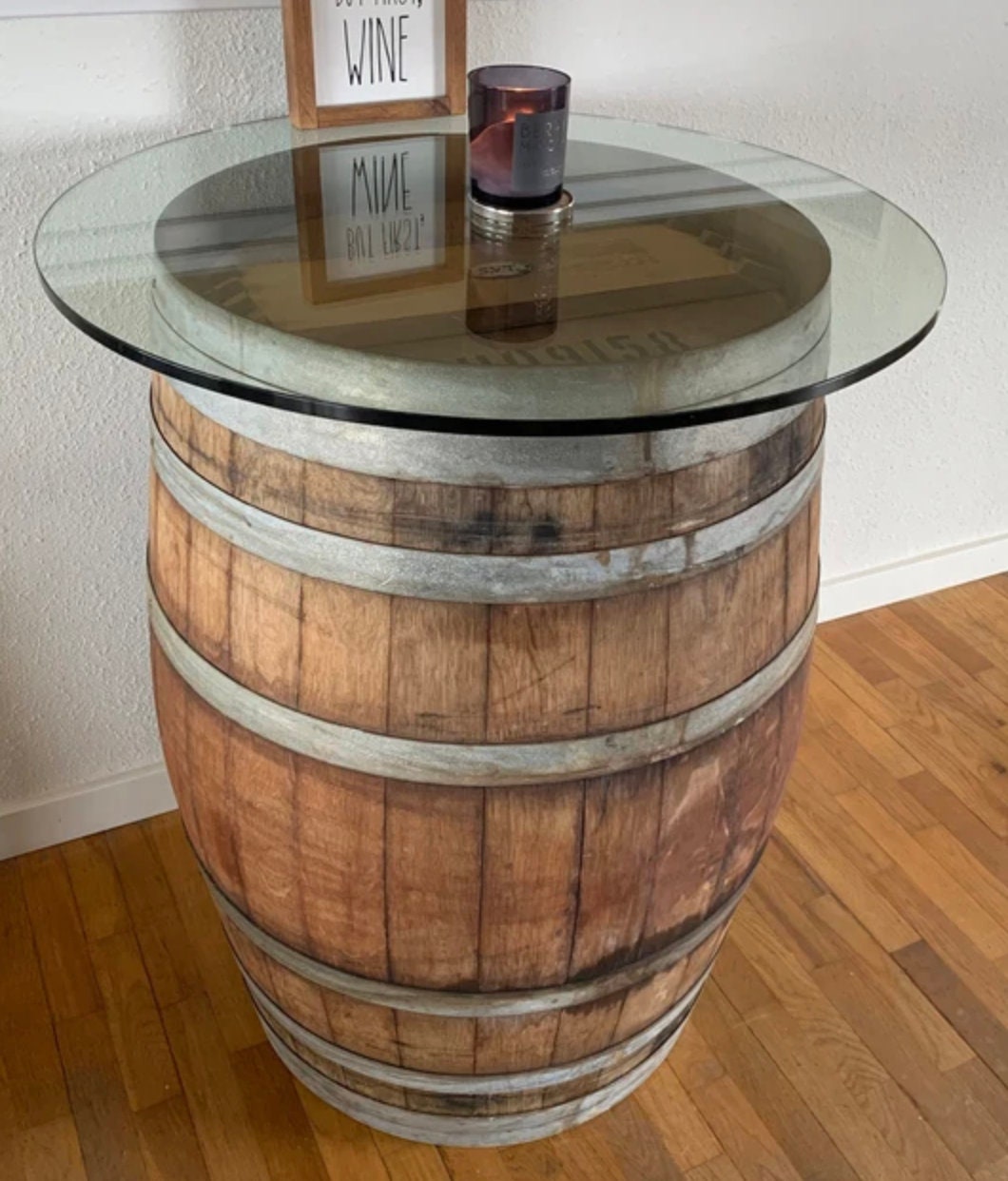 Wine barrel coffee table with glass top deals