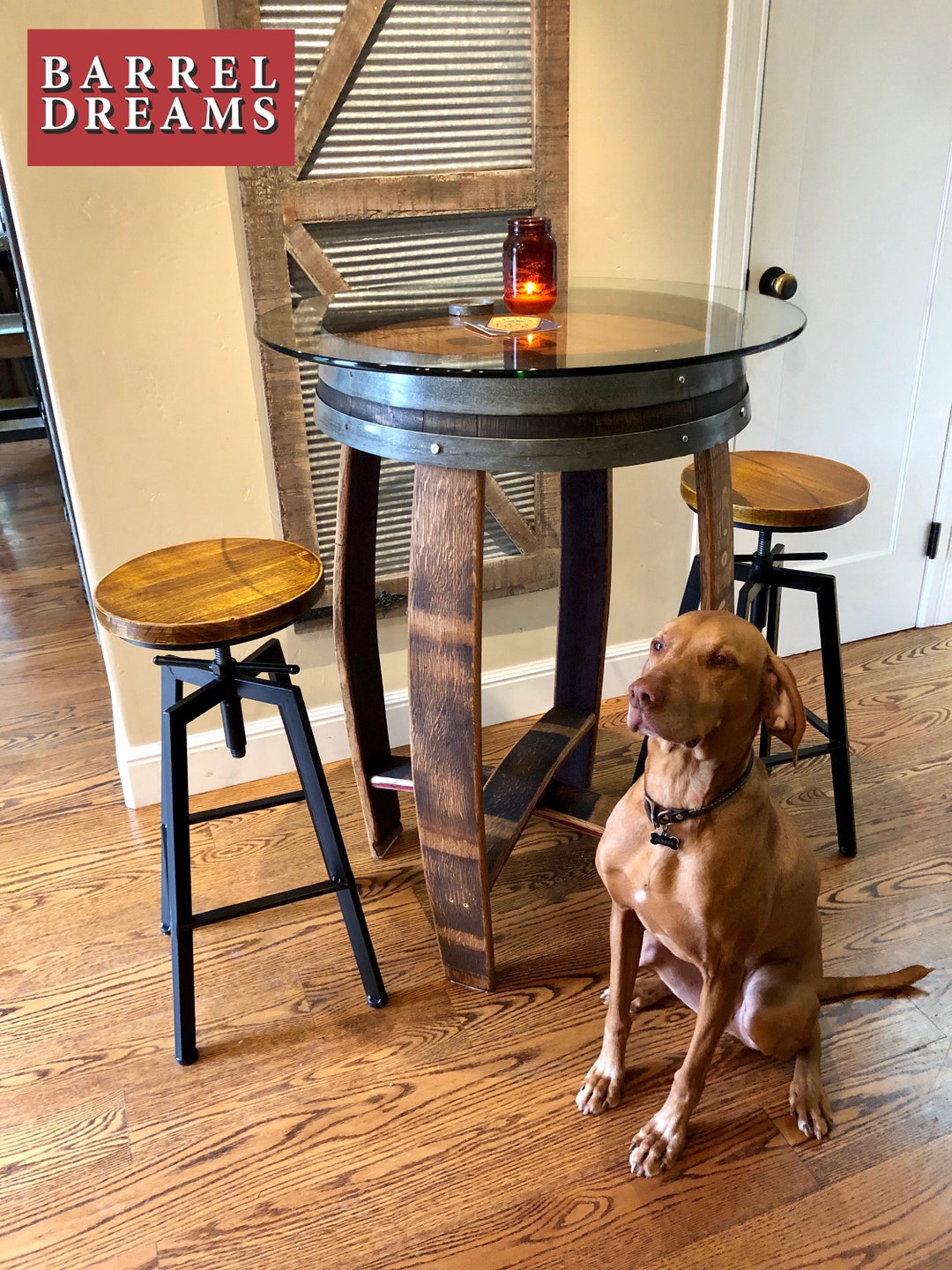 Vintage oak barrel table and stools $99 online