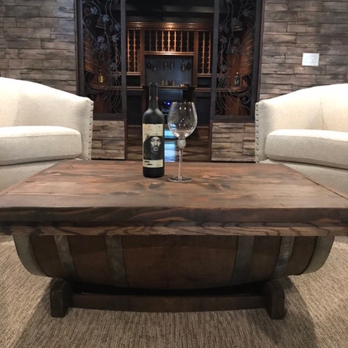 Whiskey Barrel Coffee Table With Bottle Storage Etsy