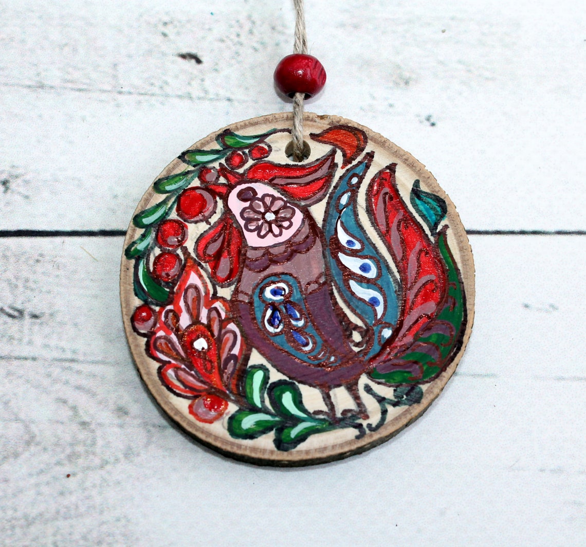 Polish Christmas Ornaments Folk Art Chicken Wood Slices Etsy