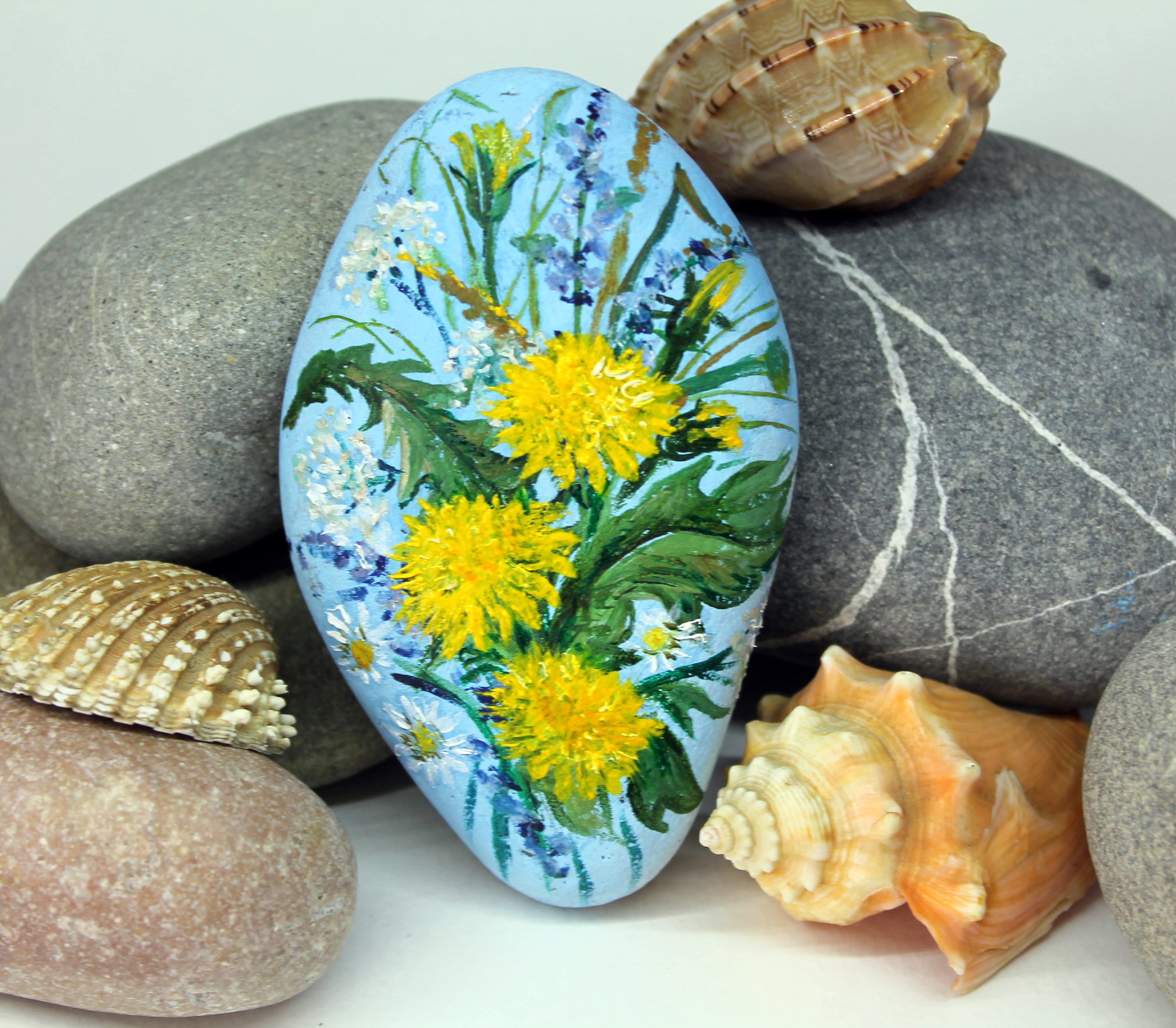 Bemalte Felsen Löwenzahn Garten Steine Dekor gelbe Blumen