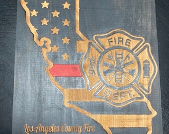 Engraved Wood Firefighter Sign, California Flag, Personalized Fire Department Gift
