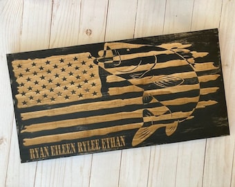 Engraved Wood American Flag Sign, Fish Decor, Personalized Gift