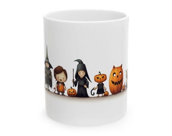 Cute Halloween Characters Mug, Trick or Treat Pumpkin and Witch Coffee Cup