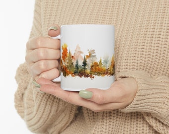 Bosque de acuarela en otoño 11 oz. Taza de café