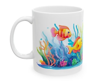 Taza de cerámica con diseño de pez neón: dibujos animados de los 90 (325 ml)