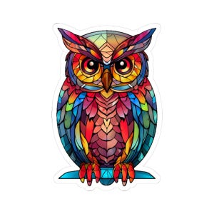 Adesivo gufo colorato / Decalcomania animale geometrica, simpatico adesivo in vinile con gufo, adesivo per laptop, regalo per gli amanti dei gufi